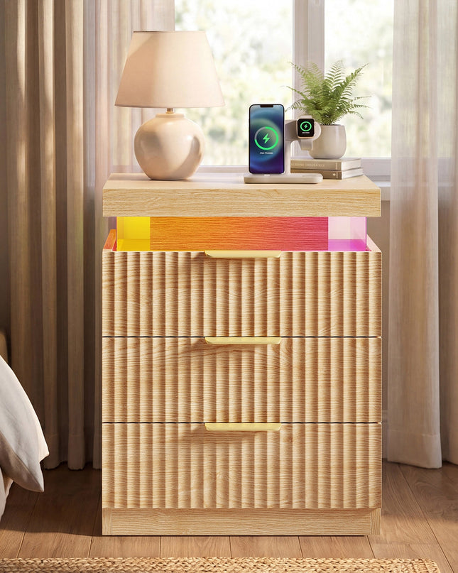 Tarpon Furniture 26.9 Inch Tall Nightstand with Hidden Charging Station and 3 Drawer Fluted Wood Side Table with LED Smart for Bedroom
