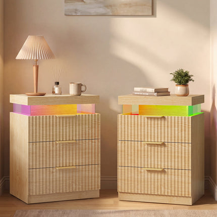 Tarpon Furniture 26.9 Inch Tall Nightstand with Hidden Charging Station and 3 Drawer Fluted Wood Side Table with LED Smart for Bedroom