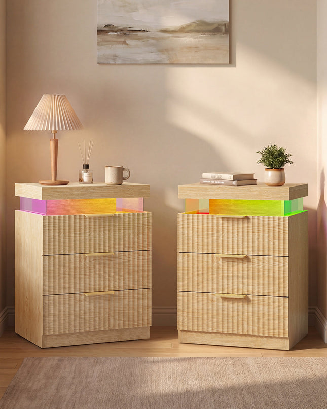 Tarpon Furniture 26.9 Inch Tall Nightstand with Hidden Charging Station and 3 Drawer Fluted Wood Side Table with LED Smart for Bedroom