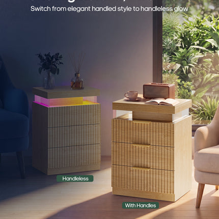 Tarpon Furniture 26.9 Inch Tall Nightstand with Hidden Charging Station and 3 Drawer Fluted Wood Side Table with LED Smart for Bedroom