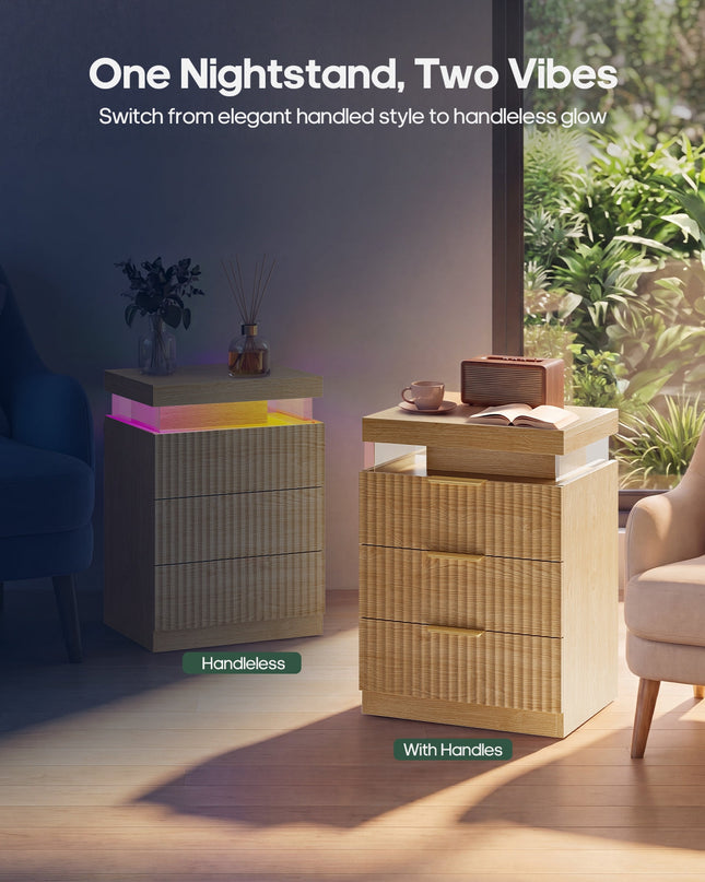 Tarpon Furniture 26.9 Inch Tall Nightstand with Hidden Charging Station and 3 Drawer Fluted Wood Side Table with LED Smart for Bedroom