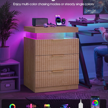 Tarpon Furniture 26.9 Inch Tall Nightstand with Hidden Charging Station and 3 Drawer Fluted Wood Side Table with LED Smart for Bedroom