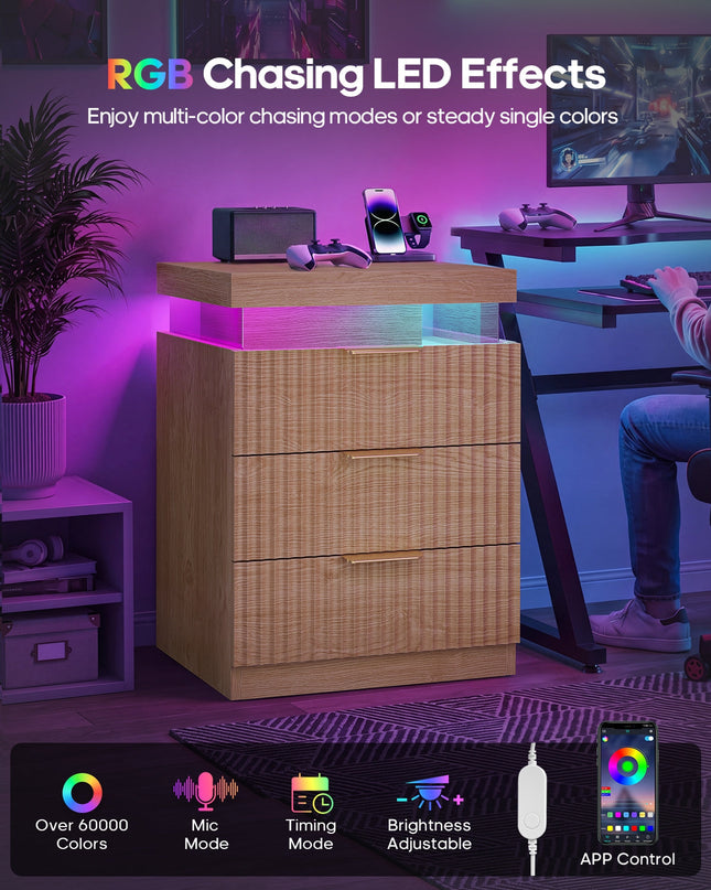 Tarpon Furniture 26.9 Inch Tall Nightstand with Hidden Charging Station and 3 Drawer Fluted Wood Side Table with LED Smart for Bedroom