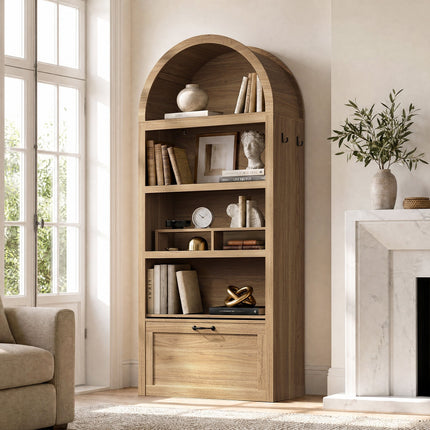 Tarpon Furniture 76.6 inch tall Arched Bookshelf with Moveable Storage Bench and 5-Tier Wood Bookcase Multi-Functional Display Cabinet with Storage for Living Room Entryway