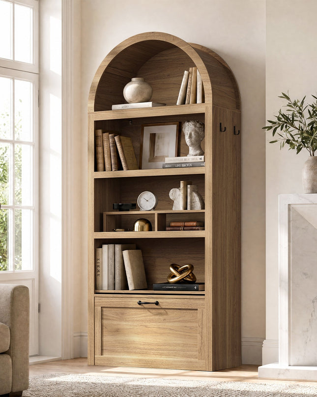 Tarpon Furniture 76.6 inch tall Arched Bookshelf with Moveable Storage Bench and 5-Tier Wood Bookcase Multi-Functional Display Cabinet with Storage for Living Room Entryway