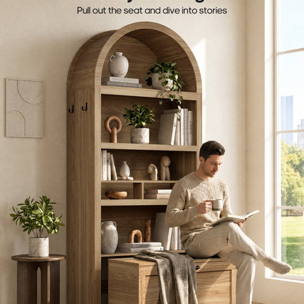 Tarpon Furniture 76.6 inch tall Arched Bookshelf with Moveable Storage Bench and 5-Tier Wood Bookcase Multi-Functional Display Cabinet with Storage for Living Room Entryway