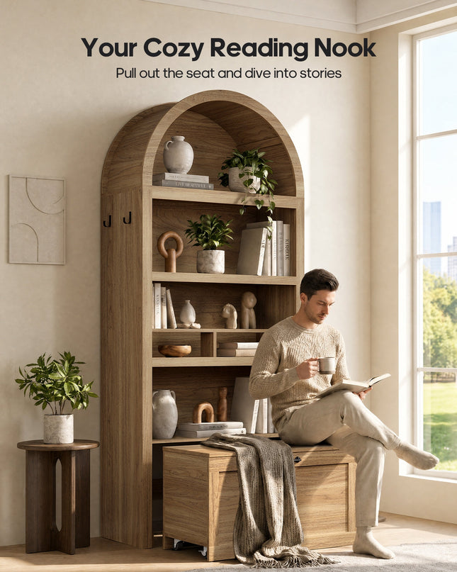 Tarpon Furniture 76.6 inch tall Arched Bookshelf with Moveable Storage Bench and 5-Tier Wood Bookcase Multi-Functional Display Cabinet with Storage for Living Room Entryway