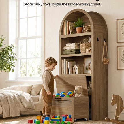 Tarpon Furniture 76.6 inch tall Arched Bookshelf with Moveable Storage Bench and 5-Tier Wood Bookcase Multi-Functional Display Cabinet with Storage for Living Room Entryway
