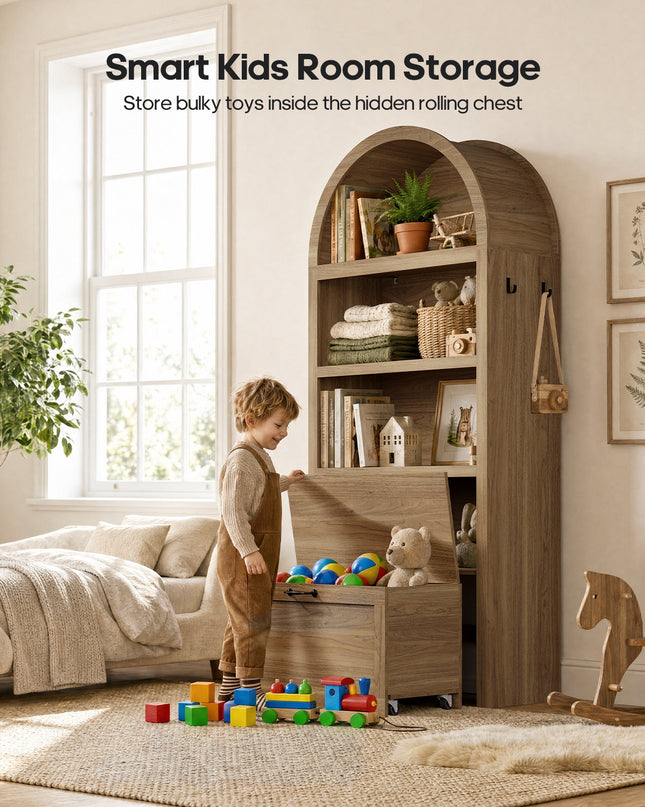 Tarpon Furniture 76.6 inch tall Arched Bookshelf with Moveable Storage Bench and 5-Tier Wood Bookcase Multi-Functional Display Cabinet with Storage for Living Room Entryway