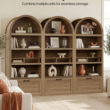 Tarpon Furniture 76.6 inch tall Arched Bookshelf with Moveable Storage Bench and 5-Tier Wood Bookcase Multi-Functional Display Cabinet with Storage for Living Room Entryway