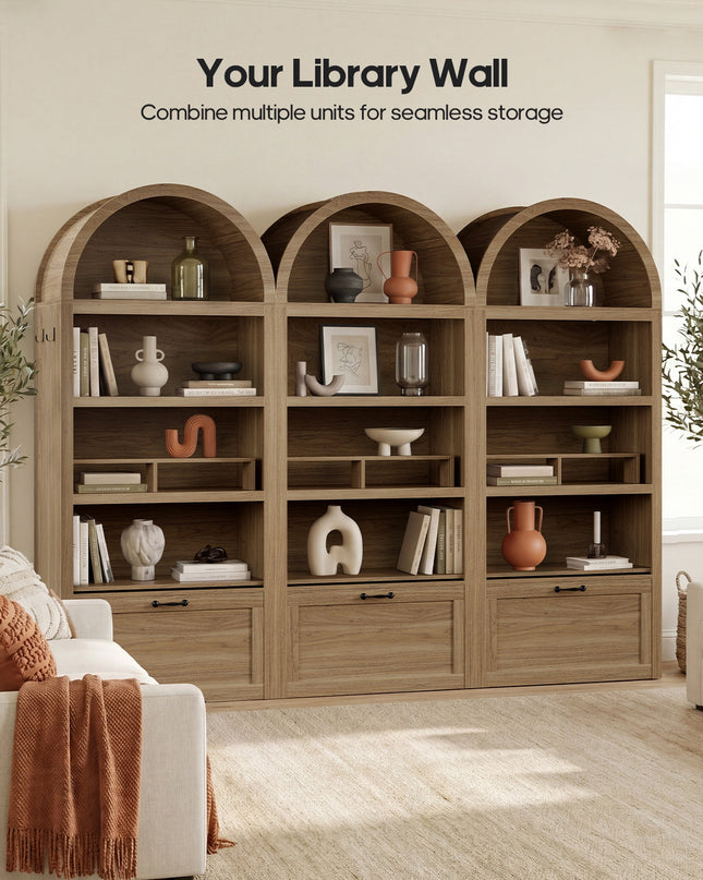 Tarpon Furniture 76.6 inch tall Arched Bookshelf with Moveable Storage Bench and 5-Tier Wood Bookcase Multi-Functional Display Cabinet with Storage for Living Room Entryway