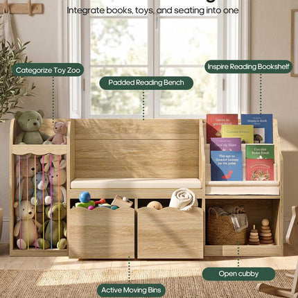 Tarpon Furniture 63 Inch Bookshelf with Storage 5-in-1 Bookcase with Padded Bench and 2 Removable Bins Reading Nook Toy Storage Organizer Open Cubby for Living Room