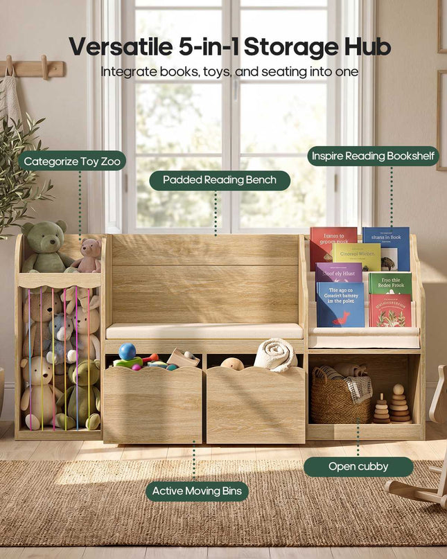 Tarpon Furniture 63 Inch Bookshelf with Storage 5-in-1 Bookcase with Padded Bench and 2 Removable Bins Reading Nook Toy Storage Organizer Open Cubby for Living Room