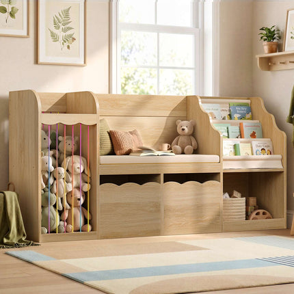 Tarpon Furniture 63 Inch Bookshelf with Storage 5-in-1 Bookcase with Padded Bench and 2 Removable Bins Reading Nook Toy Storage Organizer Open Cubby for Living Room