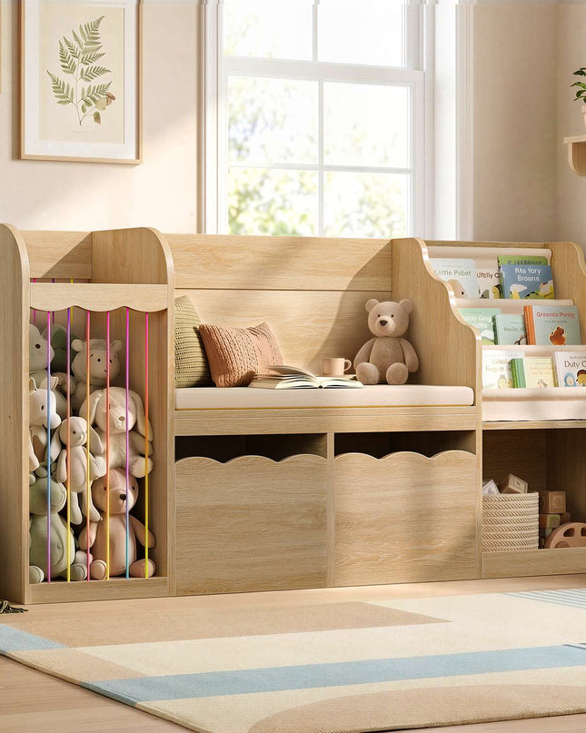 Tarpon Furniture 63 Inch Bookshelf with Storage 5-in-1 Bookcase with Padded Bench and 2 Removable Bins Reading Nook Toy Storage Organizer Open Cubby for Living Room