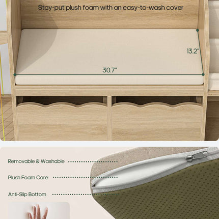 Tarpon Furniture 63 Inch Bookshelf with Storage 5-in-1 Bookcase with Padded Bench and 2 Removable Bins Reading Nook Toy Storage Organizer Open Cubby for Living Room