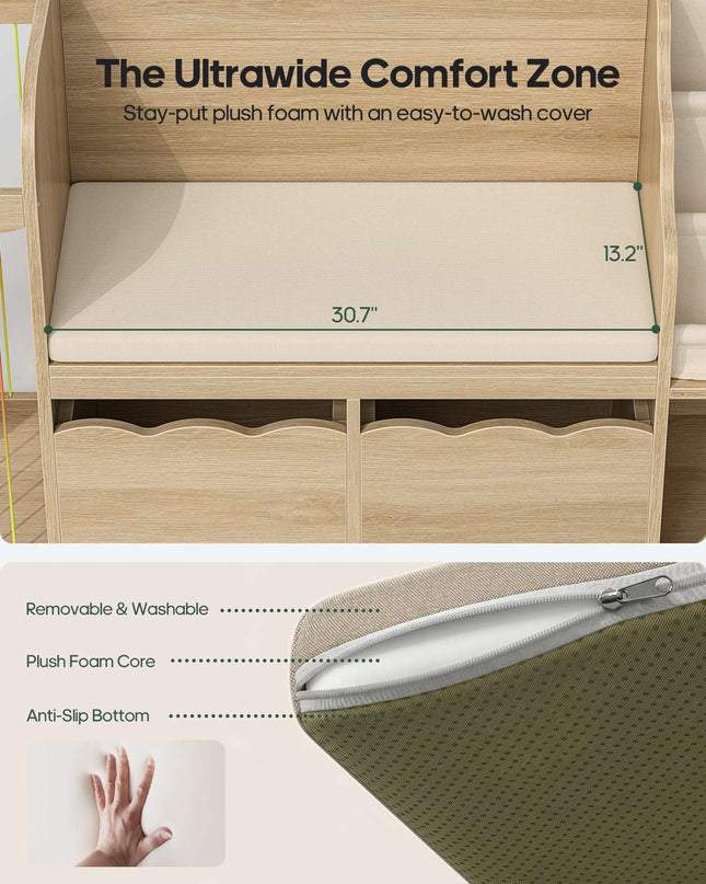Tarpon Furniture 63 Inch Bookshelf with Storage 5-in-1 Bookcase with Padded Bench and 2 Removable Bins Reading Nook Toy Storage Organizer Open Cubby for Living Room
