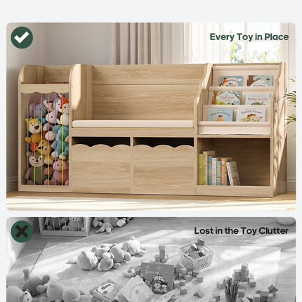 Tarpon Furniture 63 Inch Bookshelf with Storage 5-in-1 Bookcase with Padded Bench and 2 Removable Bins Reading Nook Toy Storage Organizer Open Cubby for Living Room