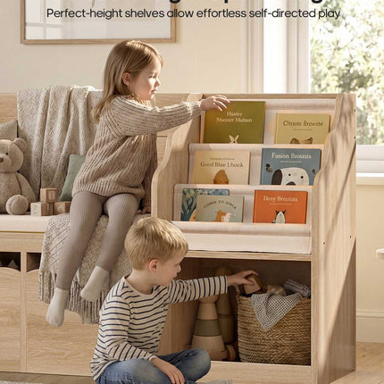 Tarpon Furniture 63 Inch Bookshelf with Storage 5-in-1 Bookcase with Padded Bench and 2 Removable Bins Reading Nook Toy Storage Organizer Open Cubby for Living Room