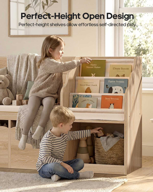 Tarpon Furniture 63 Inch Bookshelf with Storage 5-in-1 Bookcase with Padded Bench and 2 Removable Bins Reading Nook Toy Storage Organizer Open Cubby for Living Room