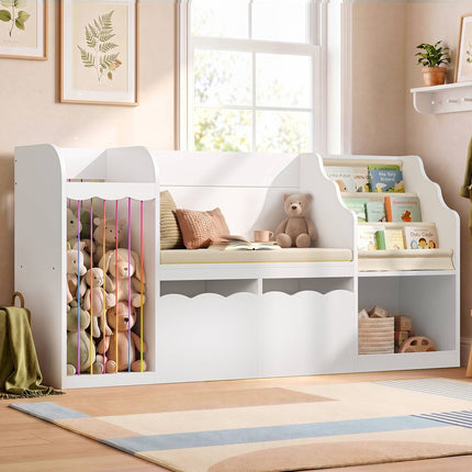 Tarpon Furniture 63 Inch Bookshelf with Storage 5-in-1 Bookcase with Padded Bench and 2 Removable Bins Reading Nook Toy Storage Organizer Open Cubby for Living Room