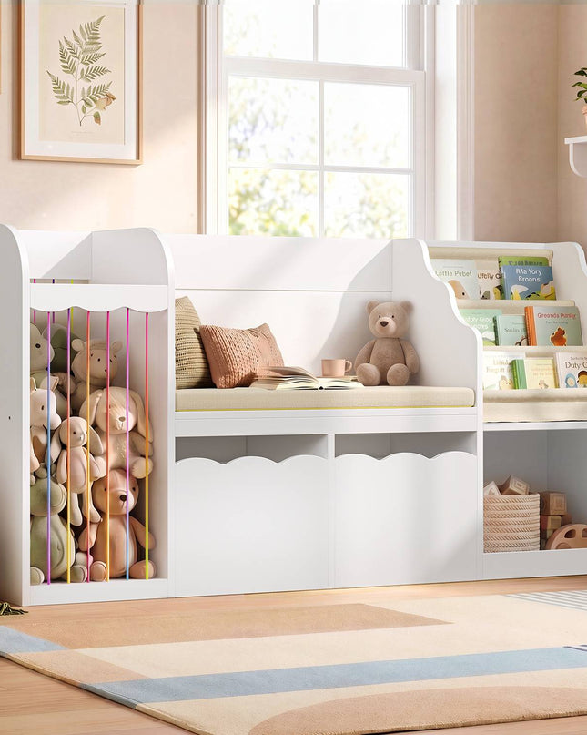 Tarpon Furniture 63 Inch Bookshelf with Storage 5-in-1 Bookcase with Padded Bench and 2 Removable Bins Reading Nook Toy Storage Organizer Open Cubby for Living Room
