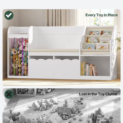 Tarpon Furniture 63 Inch Bookshelf with Storage 5-in-1 Bookcase with Padded Bench and 2 Removable Bins Reading Nook Toy Storage Organizer Open Cubby for Living Room
