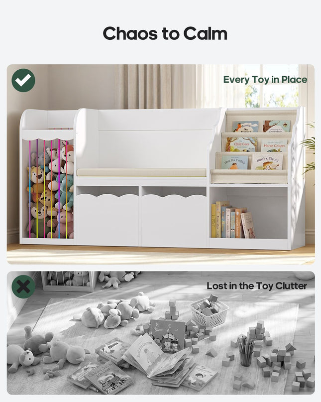 Tarpon Furniture 63 Inch Bookshelf with Storage 5-in-1 Bookcase with Padded Bench and 2 Removable Bins Reading Nook Toy Storage Organizer Open Cubby for Living Room