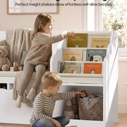 Tarpon Furniture 63 Inch Bookshelf with Storage 5-in-1 Bookcase with Padded Bench and 2 Removable Bins Reading Nook Toy Storage Organizer Open Cubby for Living Room