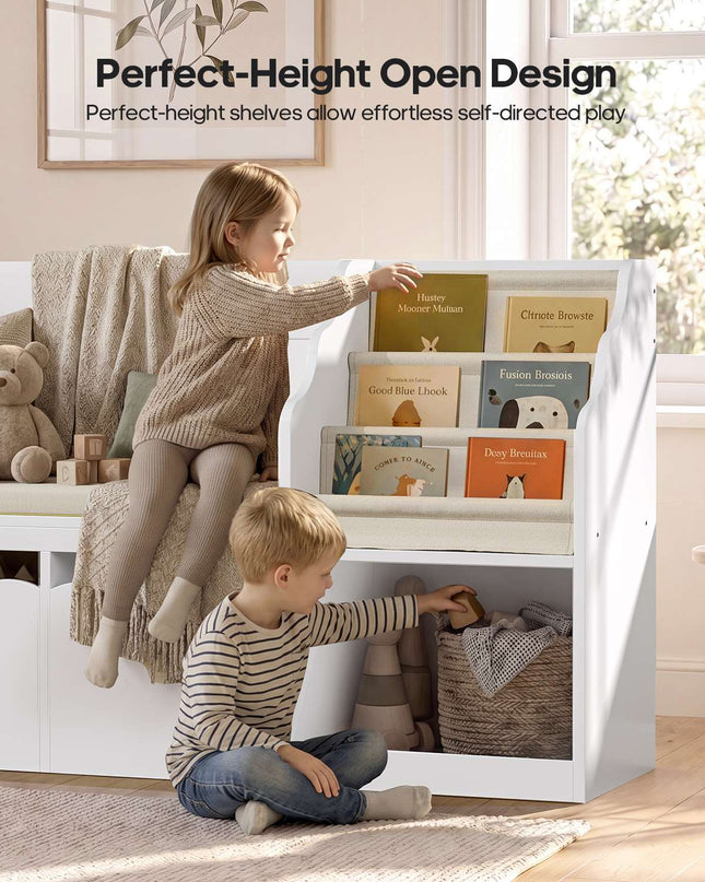 Tarpon Furniture 63 Inch Bookshelf with Storage 5-in-1 Bookcase with Padded Bench and 2 Removable Bins Reading Nook Toy Storage Organizer Open Cubby for Living Room
