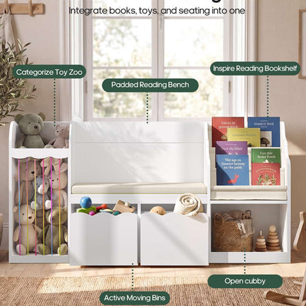Tarpon Furniture 63 Inch Bookshelf with Storage 5-in-1 Bookcase with Padded Bench and 2 Removable Bins Reading Nook Toy Storage Organizer Open Cubby for Living Room