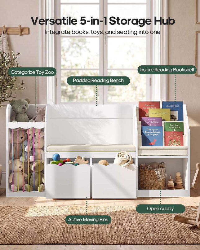 Tarpon Furniture 63 Inch Bookshelf with Storage 5-in-1 Bookcase with Padded Bench and 2 Removable Bins Reading Nook Toy Storage Organizer Open Cubby for Living Room