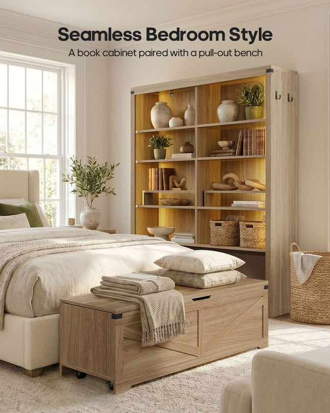 Tarpon Furniture 70.9 Inch Tall Bookshelf with Rolling Storage Bench Multi-Functional 5-Tier Bookcase with Shelves and Large Storage for Living Room Home Office