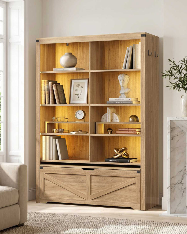 Tarpon Furniture 70.9 Inch Tall Bookshelf with Rolling Storage Bench Multi-Functional 5-Tier Bookcase with Shelves and Large Storage for Living Room Home Office