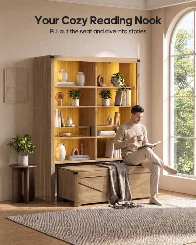 Tarpon Furniture 70.9 Inch Tall Bookshelf with Rolling Storage Bench Multi-Functional 5-Tier Bookcase with Shelves and Large Storage for Living Room Home Office