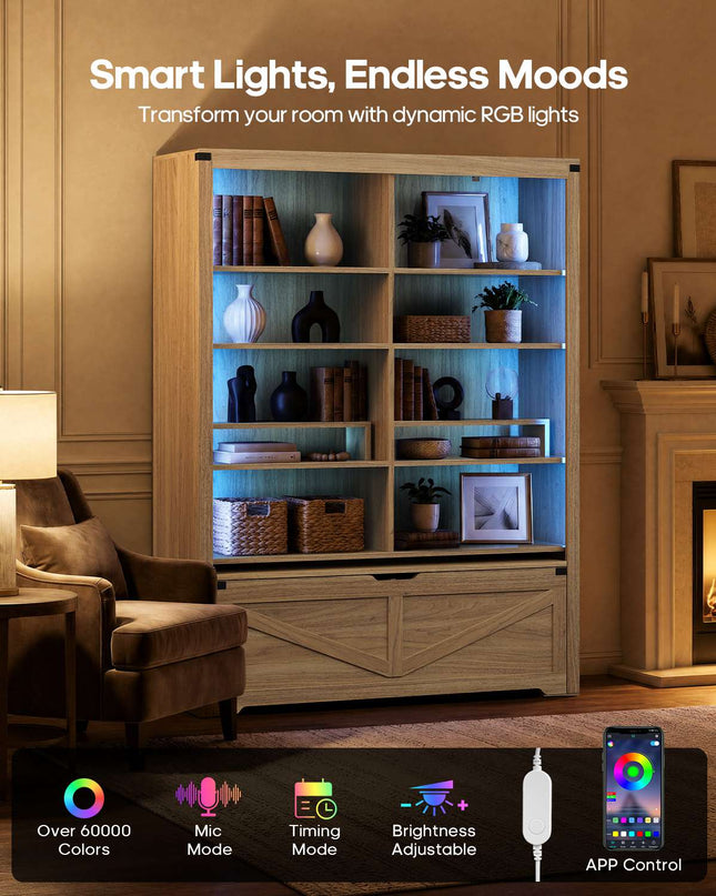 Tarpon Furniture 70.9 Inch Tall Bookshelf with Rolling Storage Bench Multi-Functional 5-Tier Bookcase with Shelves and Large Storage for Living Room Home Office