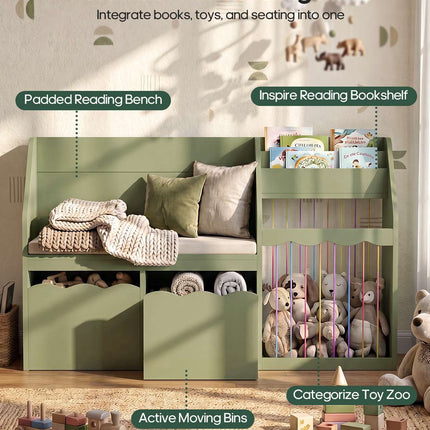 Tarpon Furniture 50 Inch Bookshelf with Reading Nook and Toy Storage Organizer 4-in-1 Kids Bookcase with Padded Bench and 2 Removable Bins for Living Room