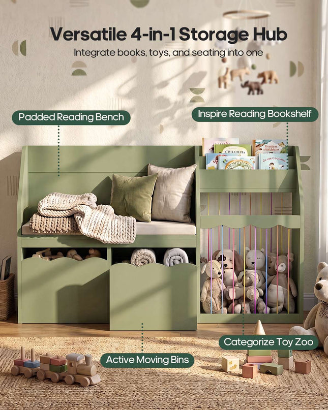 Tarpon Furniture 50 Inch Bookshelf with Reading Nook and Toy Storage Organizer 4-in-1 Kids Bookcase with Padded Bench and 2 Removable Bins for Living Room