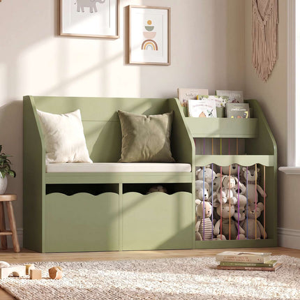 Tarpon Furniture 50 Inch Bookshelf with Reading Nook and Toy Storage Organizer 4-in-1 Kids Bookcase with Padded Bench and 2 Removable Bins for Living Room