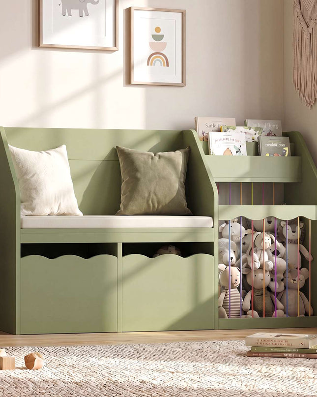 Tarpon Furniture 50 Inch Bookshelf with Reading Nook and Toy Storage Organizer 4-in-1 Kids Bookcase with Padded Bench and 2 Removable Bins for Living Room