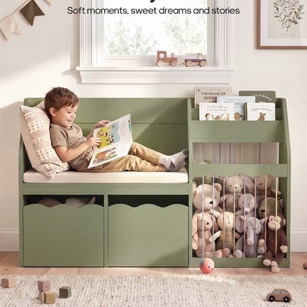 Tarpon Furniture 50 Inch Bookshelf with Reading Nook and Toy Storage Organizer 4-in-1 Kids Bookcase with Padded Bench and 2 Removable Bins for Living Room