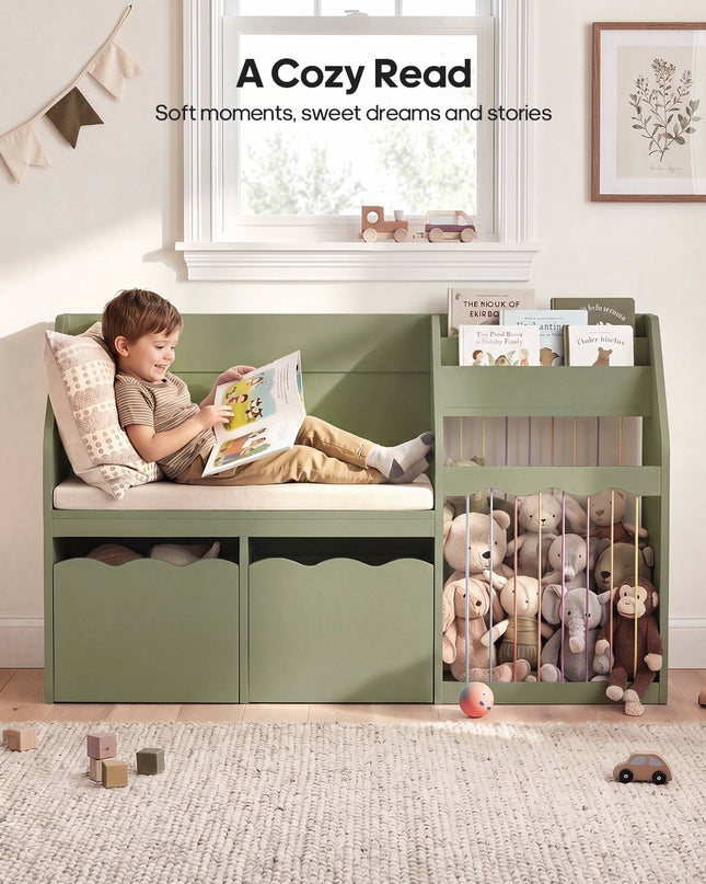 Tarpon Furniture 50 Inch Bookshelf with Reading Nook and Toy Storage Organizer 4-in-1 Kids Bookcase with Padded Bench and 2 Removable Bins for Living Room