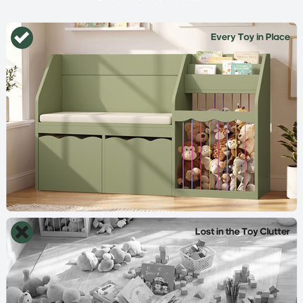 Tarpon Furniture 50 Inch Bookshelf with Reading Nook and Toy Storage Organizer 4-in-1 Kids Bookcase with Padded Bench and 2 Removable Bins for Living Room