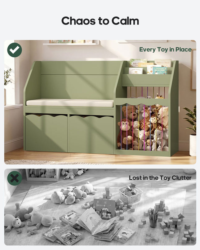 Tarpon Furniture 50 Inch Bookshelf with Reading Nook and Toy Storage Organizer 4-in-1 Kids Bookcase with Padded Bench and 2 Removable Bins for Living Room