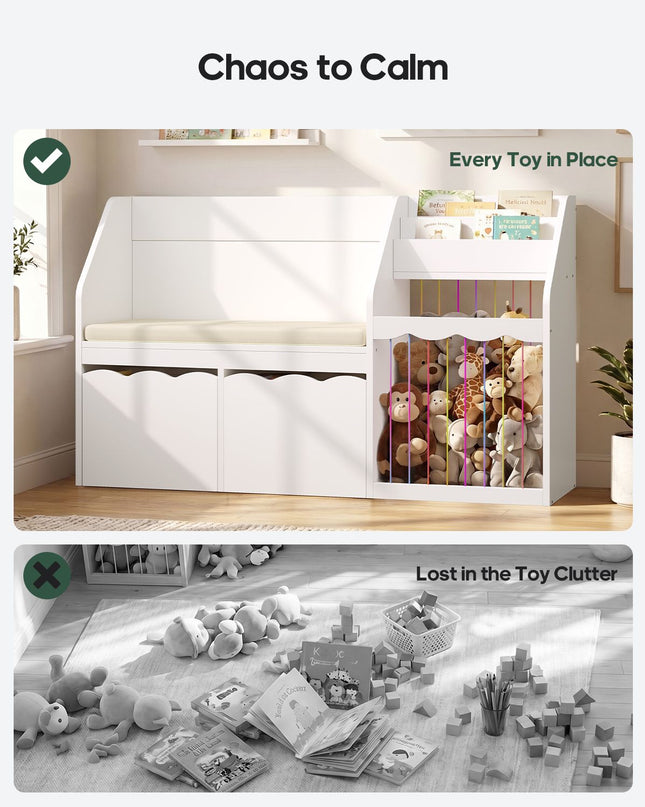 Tarpon Furniture 50 Inch Bookshelf with Reading Nook and Toy Storage Organizer 4-in-1 Kids Bookcase with Padded Bench and 2 Removable Bins for Living Room