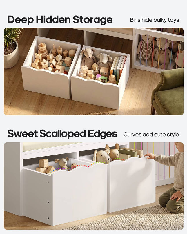 Tarpon Furniture 50 Inch Bookshelf with Reading Nook and Toy Storage Organizer 4-in-1 Kids Bookcase with Padded Bench and 2 Removable Bins for Living Room