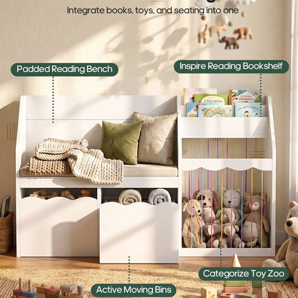 Tarpon Furniture 50 Inch Bookshelf with Reading Nook and Toy Storage Organizer 4-in-1 Kids Bookcase with Padded Bench and 2 Removable Bins for Living Room