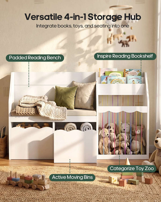 Tarpon Furniture 50 Inch Bookshelf with Reading Nook and Toy Storage Organizer 4-in-1 Kids Bookcase with Padded Bench and 2 Removable Bins for Living Room