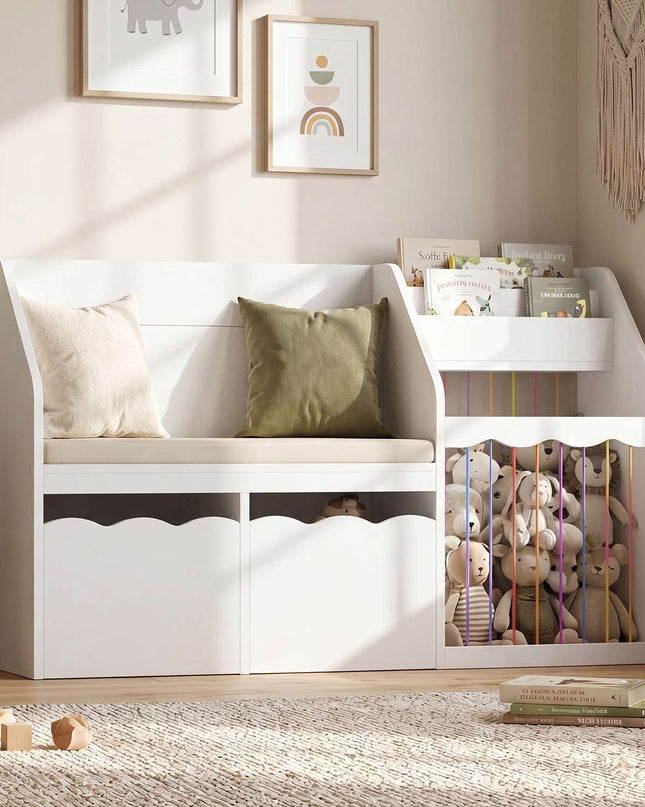Tarpon Furniture 50 Inch Bookshelf with Reading Nook and Toy Storage Organizer 4-in-1 Kids Bookcase with Padded Bench and 2 Removable Bins for Living Room
