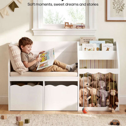 Tarpon Furniture 50 Inch Bookshelf with Reading Nook and Toy Storage Organizer 4-in-1 Kids Bookcase with Padded Bench and 2 Removable Bins for Living Room